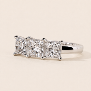 Princess Cut Lab Grown Diamond Three-Stone Engagement Ring with Trellis Basket in White Gold