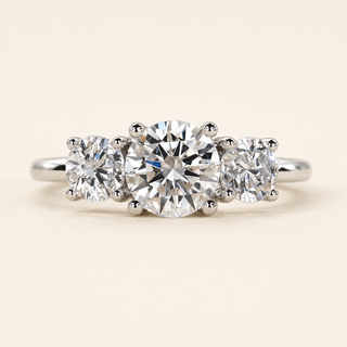 Round Lab Grown Diamond Three-Stone Engagement Ring with Trellis Basket Setting in White Gold