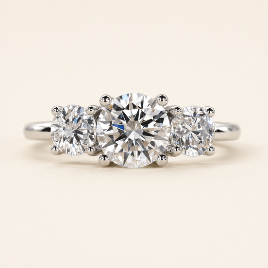 Round Lab Grown Diamond Three-Stone Engagement Ring with Trellis Basket Setting in White Gold