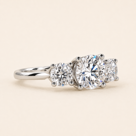 Round Lab Grown Diamond Three-Stone Engagement Ring with Trellis Basket Setting in White Gold