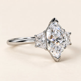 Dutch Marquise Lab Grown Diamond V-Prong Engagement Ring with Trapezoid Side Diamonds in White Gold