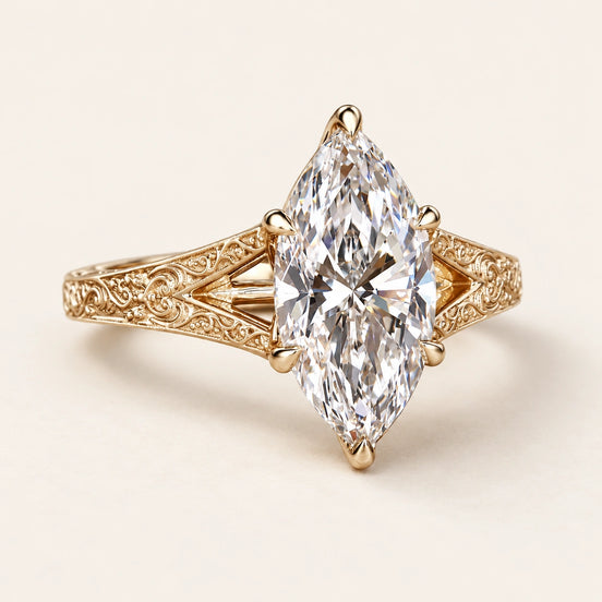 Marquise Lab Grown Diamond Tulip Basket Engagement Ring in Yellow Gold