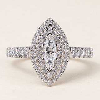 Marquise cut lab grown diamond double halo engagement ring in white gold with protective tip prongs and two pavé diamond halos