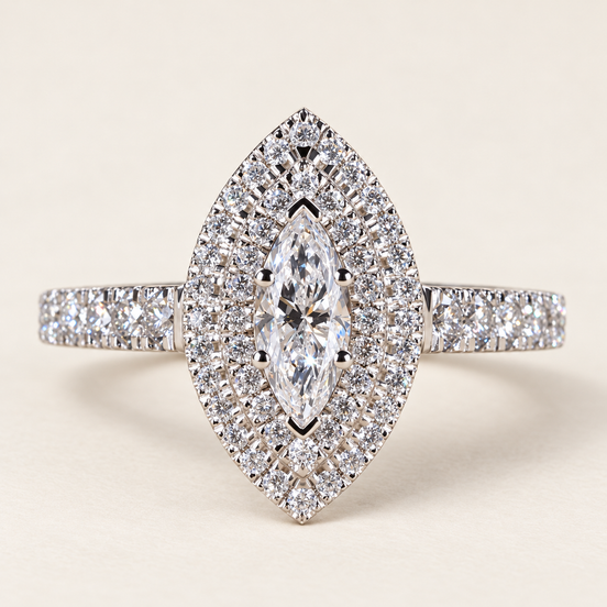 Marquise cut lab grown diamond double halo engagement ring in white gold with protective tip prongs and two pavé diamond halos