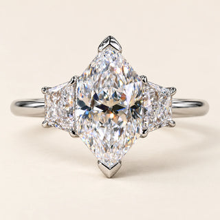 Dutch Marquise Lab Grown Diamond V-Prong Engagement Ring with Trapezoid Side Diamonds in White Gold