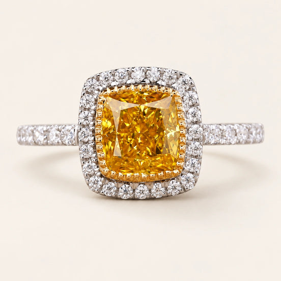 Yellow Cushion Cut Lab Grown Diamond Halo Engagement Ring in White Gold