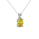 Close-up canary yellow gemstone pendant, white gold surprise diamond setting.