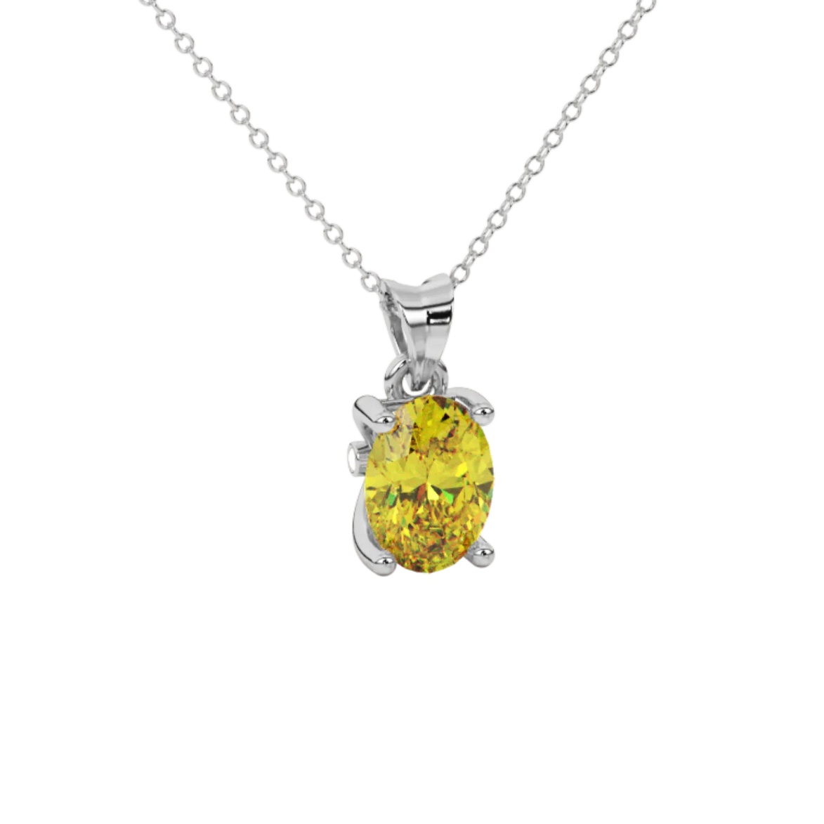 Close-up canary yellow gemstone pendant, white gold surprise diamond setting.