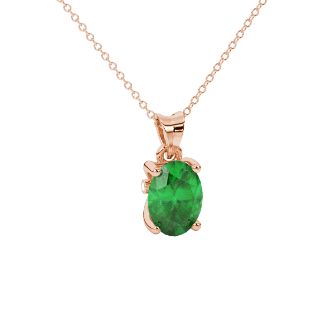 Close-up, oval cut emerald green gemstone pendant, rose gold surprise diamond setting.