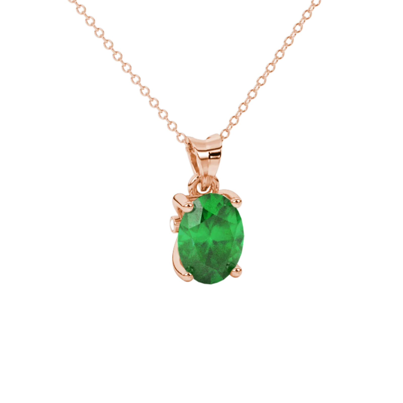 Close-up, oval cut emerald green gemstone pendant, rose gold surprise diamond setting.