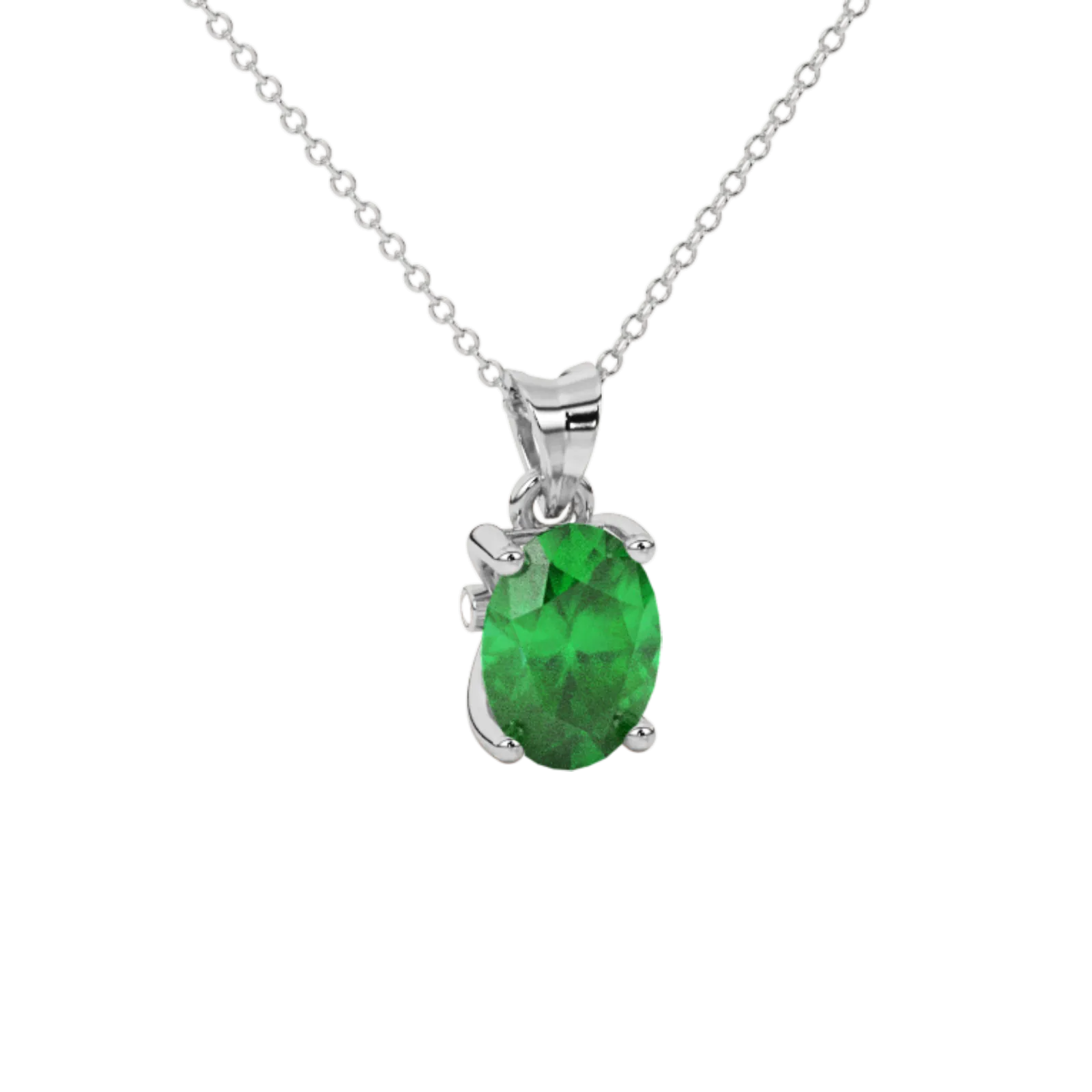 Close-up emerald green gemstone pendant, white gold surprise diamond setting.