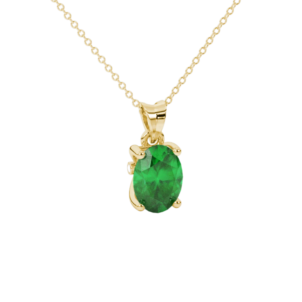 Close-up, oval cut emerald green gemstone, yellow gold surprise diamond pendant.