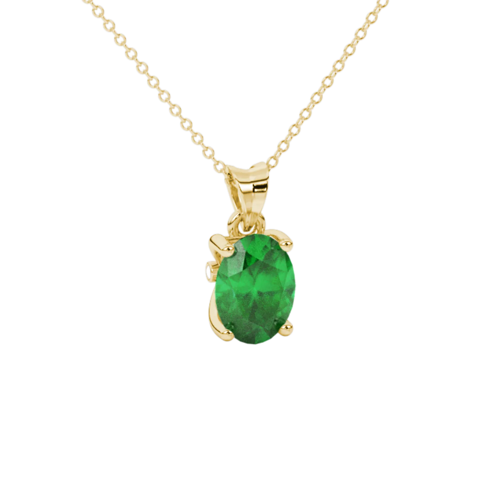 Close-up, oval cut emerald green gemstone, yellow gold surprise diamond pendant.