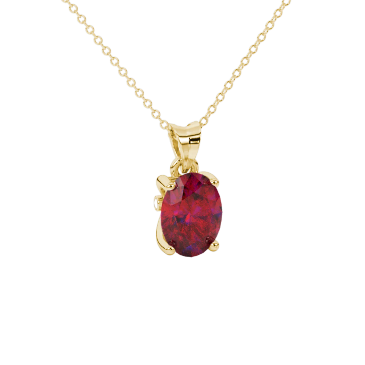 Close-up, oval cut raspberry red gemstone, yellow gold surprise diamond pendant.