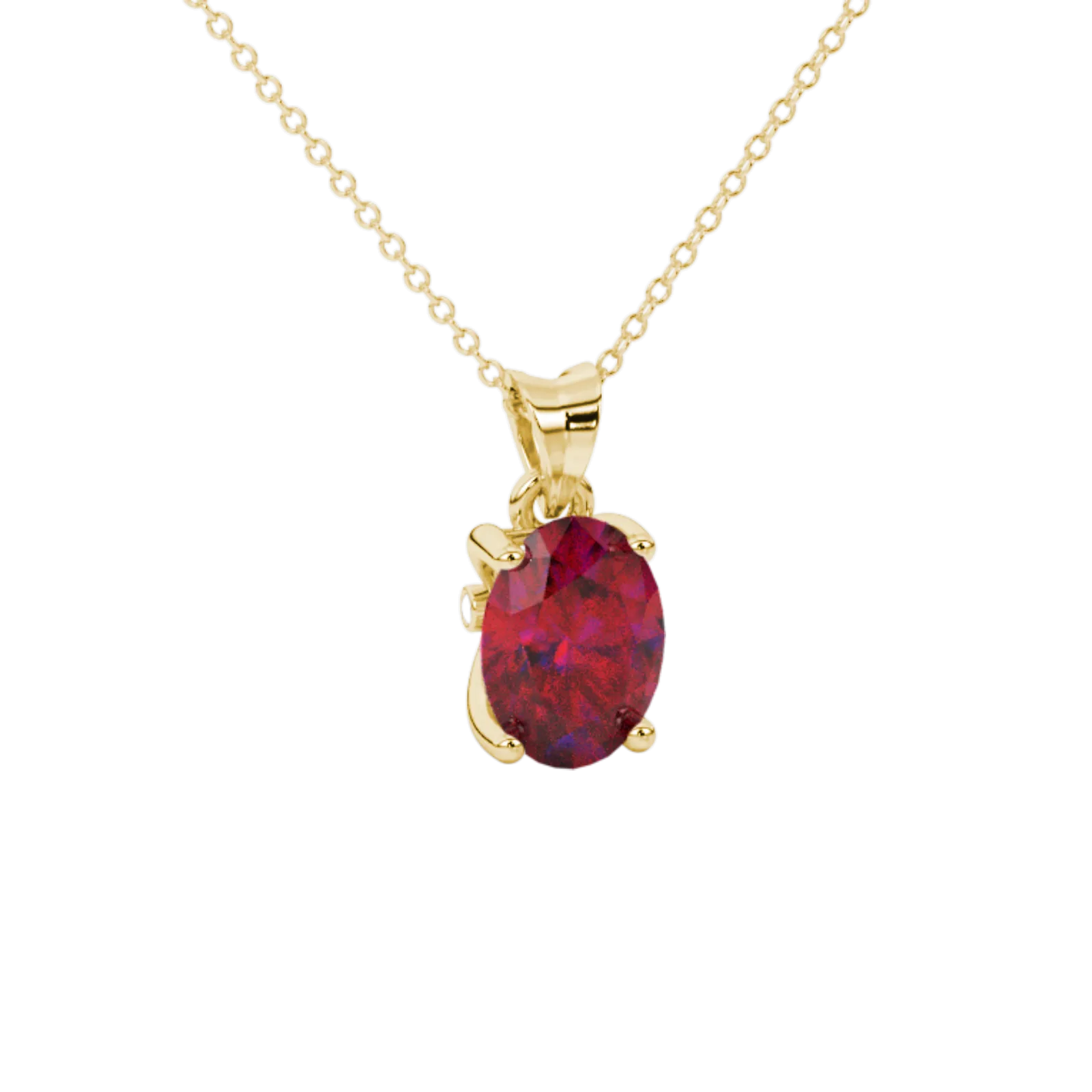 Close-up, oval cut raspberry red gemstone, yellow gold surprise diamond pendant.