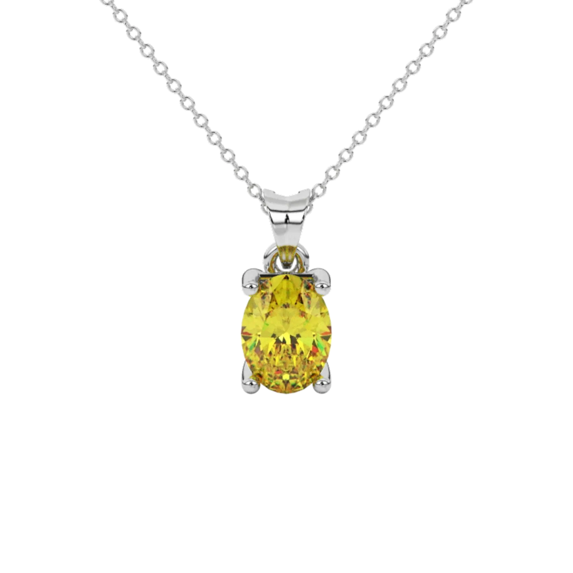 Oval cut canary yellow gemstone pendant, white gold surprise diamond setting.