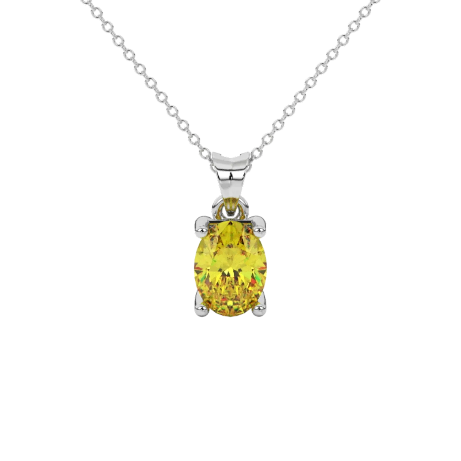 Oval cut canary yellow gemstone pendant, white gold surprise diamond setting.