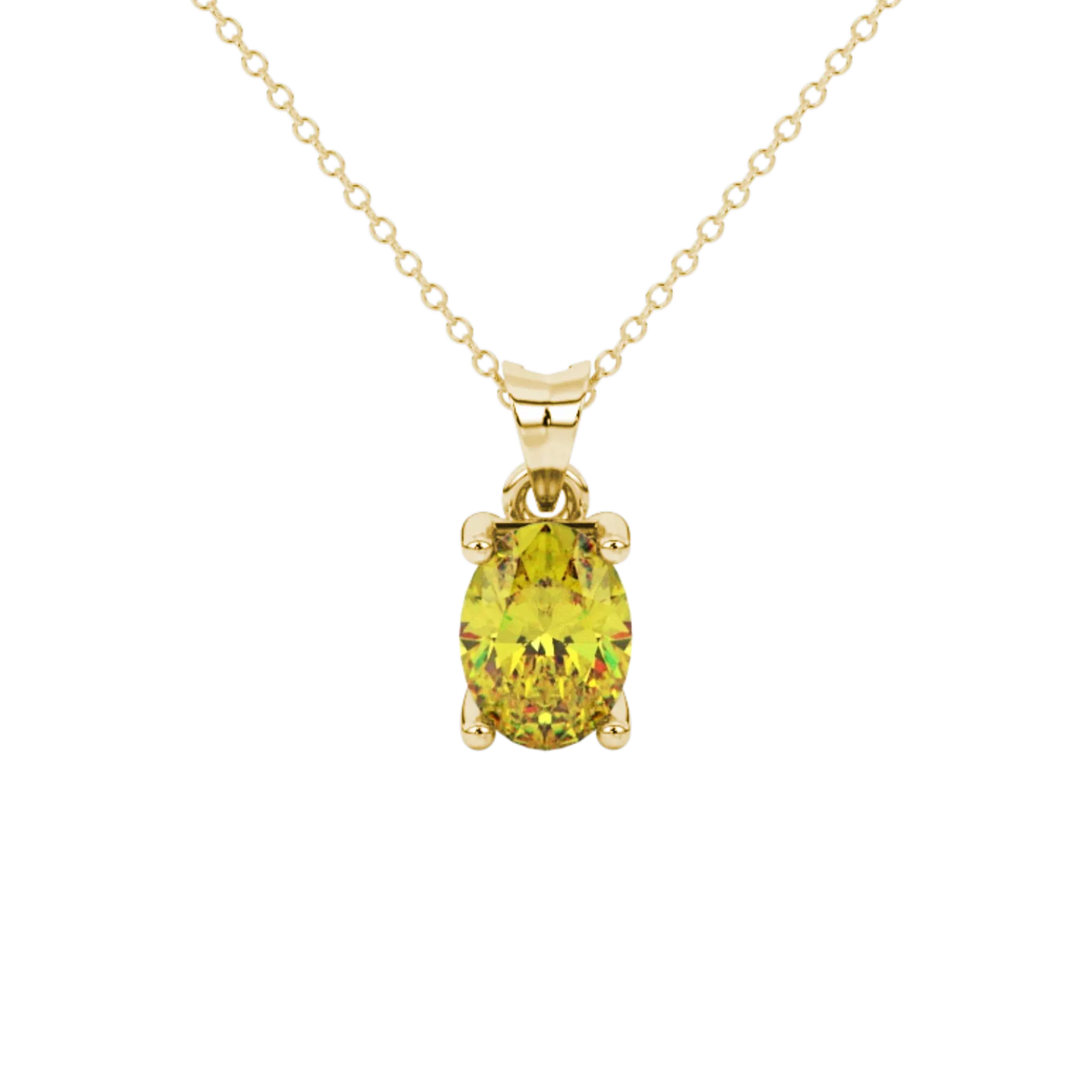 Oval cut canary yellow gemstone pendant, yellow gold surprise diamond setting.