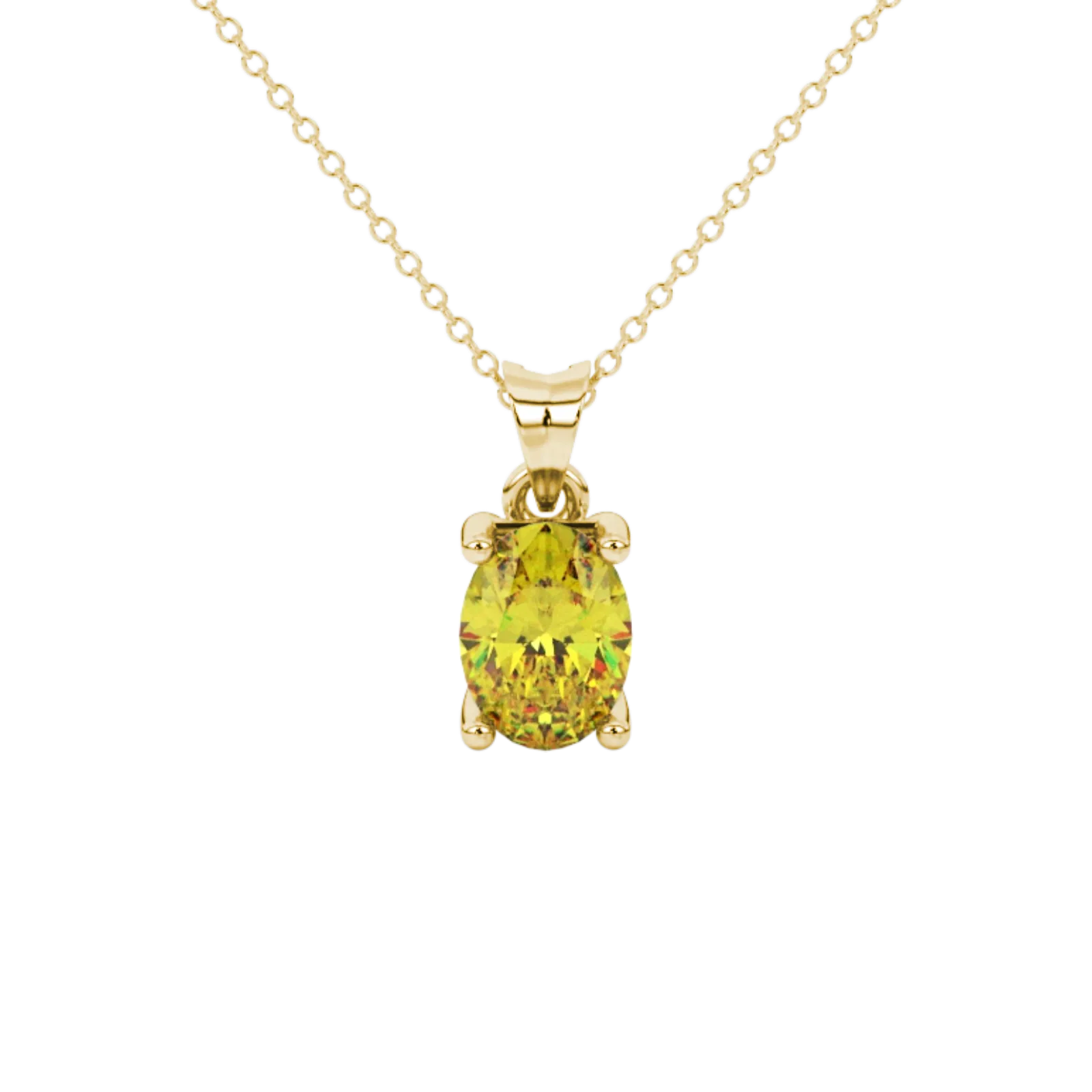 Oval cut canary yellow gemstone pendant, yellow gold surprise diamond setting.