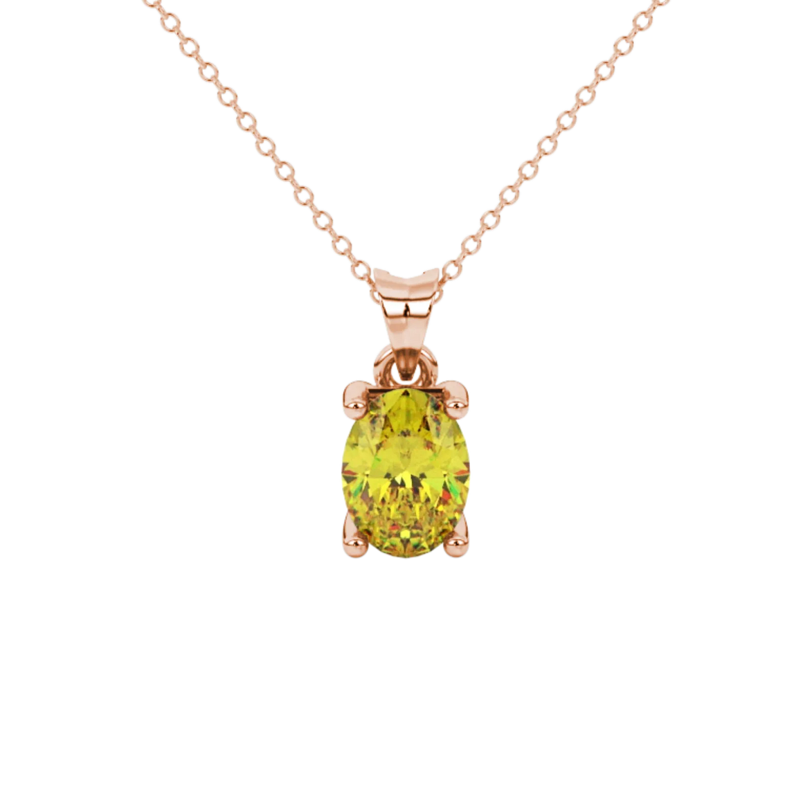 Oval cut canary yellow gemstone pendant, rose gold surprise diamond setting.