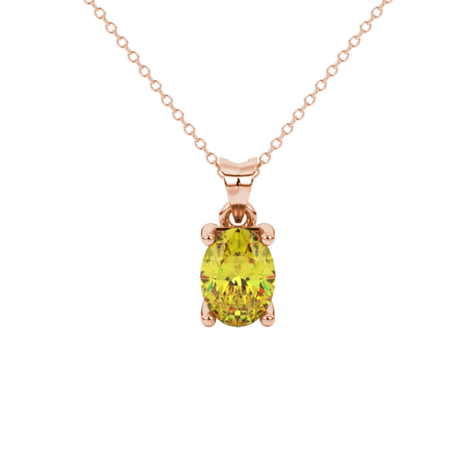 Oval cut canary yellow gemstone pendant, rose gold surprise diamond setting.
