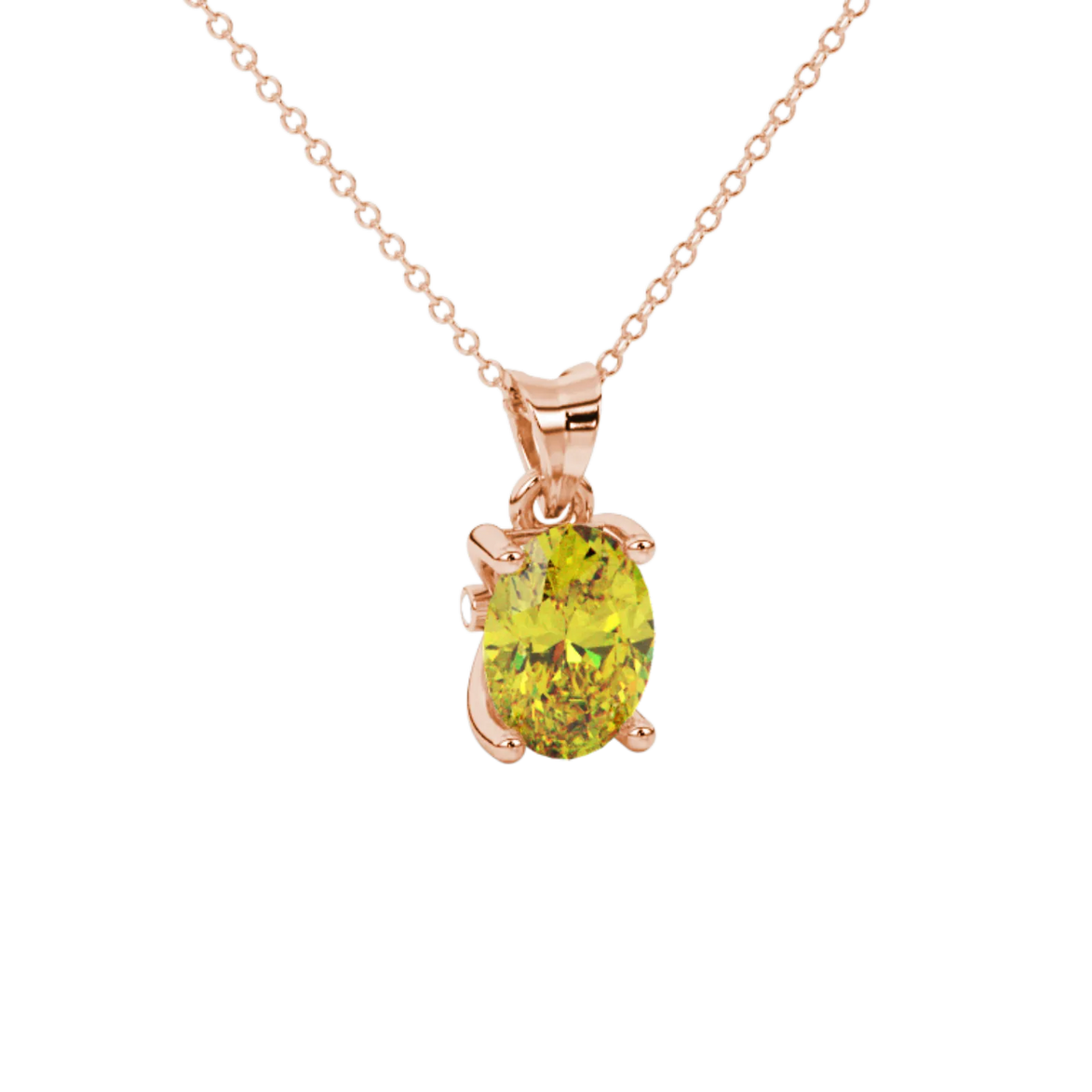 Close-up, oval cut canary yellow gemstone pendant, rose gold surprise diamond setting.