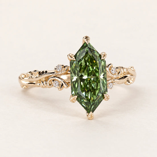 Green Dutch marquise lab grown diamond ring with leaf-detailed prongs and four round accents in yellow gold