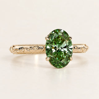 Green Oval Lab Grown Diamond Cathedral Engagement Ring in Yellow Gold
