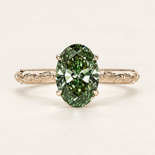Green Oval Lab Grown Diamond Cathedral Engagement Ring in Yellow Gold