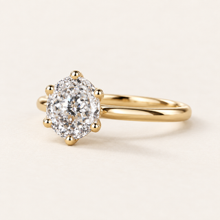 Round Portuguese cut lab grown diamond cathedral engagement ring in yellow gold with rising shoulders, an open gallery and a plain band