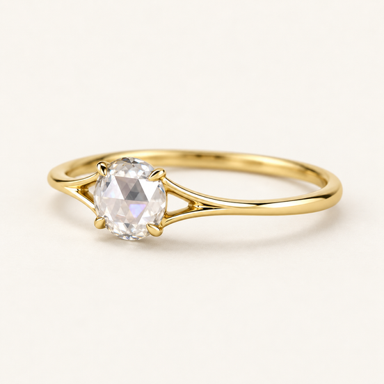 Round rose cut Lab Grown Diamond solitaire engagement ring in yellow gold with four-prong center and split cathedral shoulders