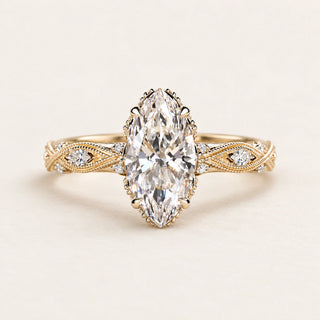 Marquise Lab Grown Diamond Vintage Milgrain Engagement Ring in Yellow Gold