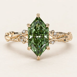 Green Dutch marquise lab grown diamond ring with leaf-detailed prongs and four round accents in yellow gold
