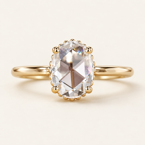 Oval rose cut lab grown diamond vintage engagement ring in yellow gold with decorative beaded surround and plain polished band