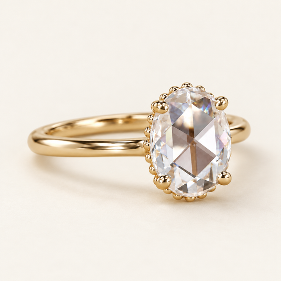 Oval rose cut lab grown diamond vintage engagement ring in yellow gold with decorative beaded surround and plain polished band