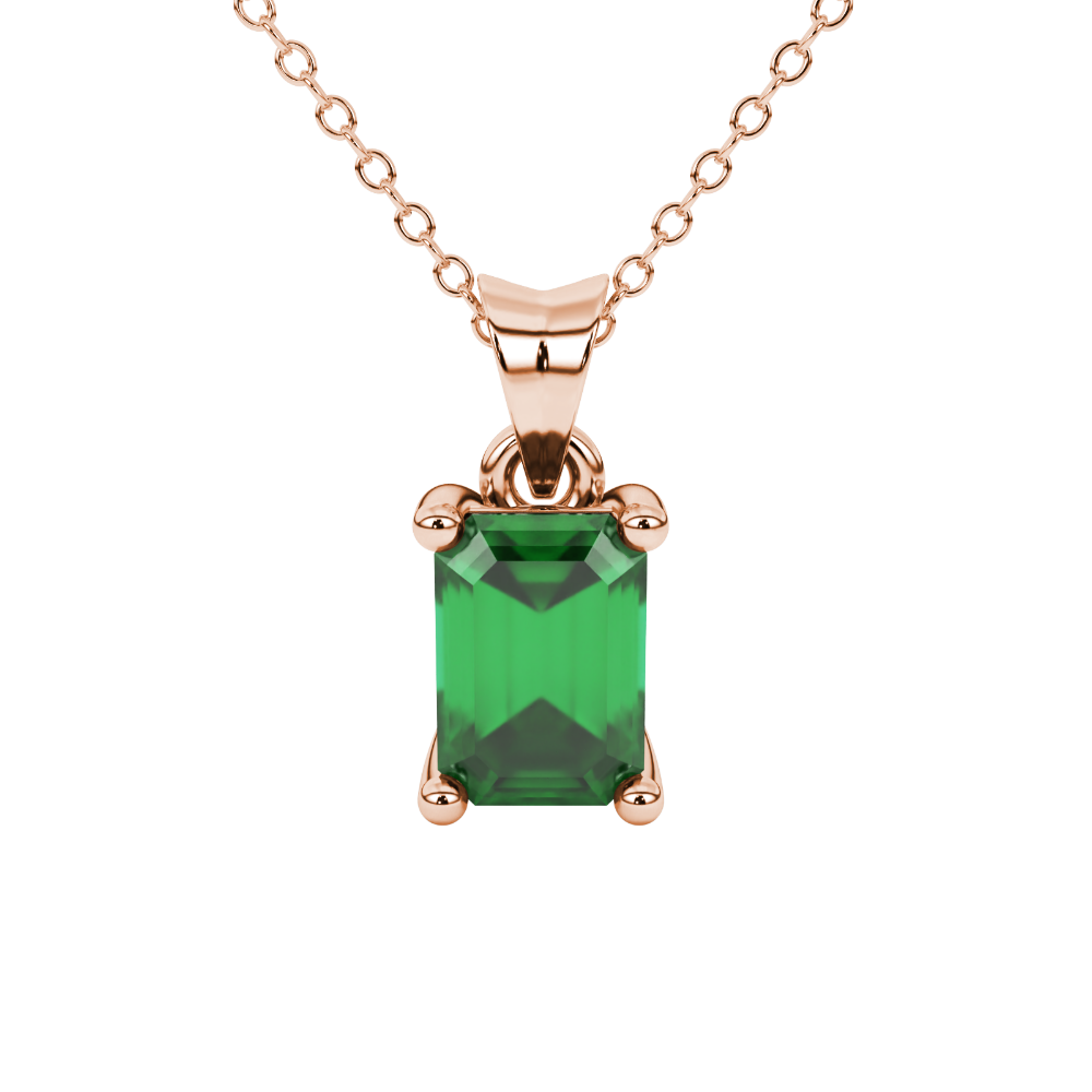 Emerald cut green gemstone solitaire pendant in rose gold four prong setting