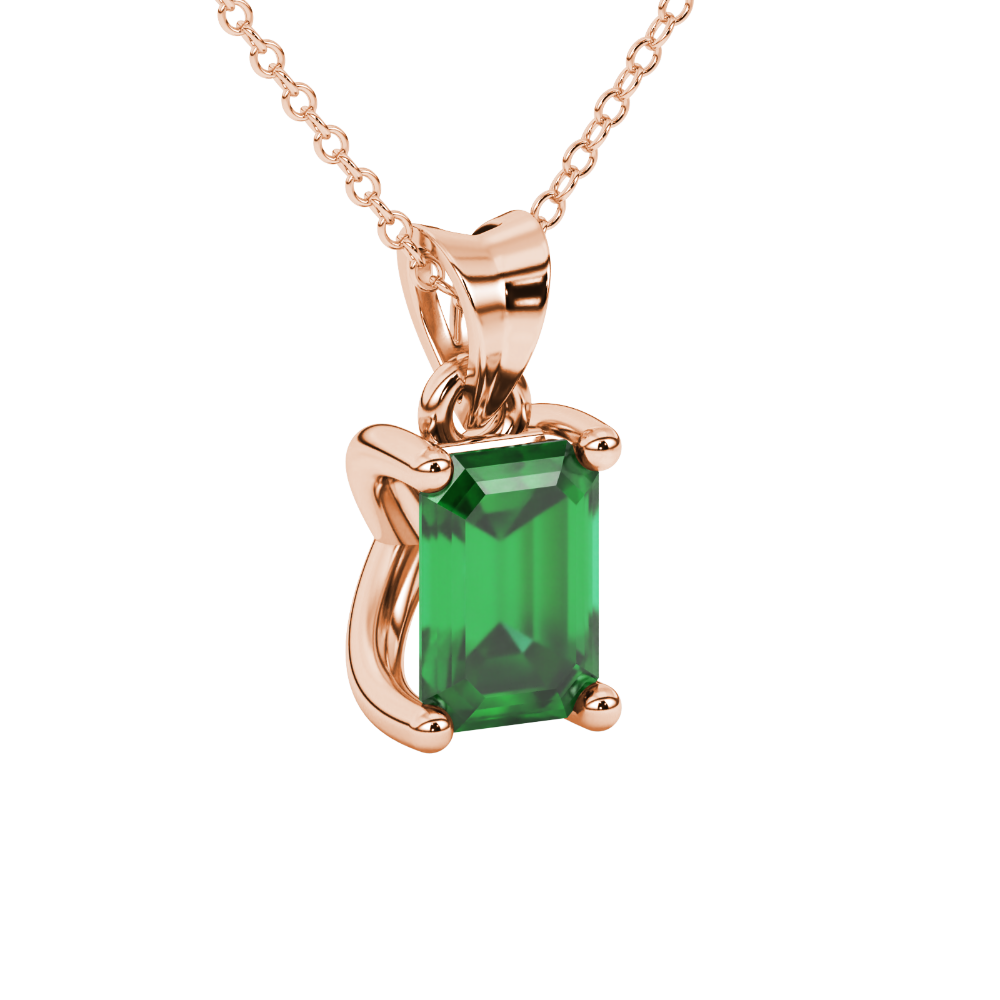 Emerald cut green gemstone solitaire pendant in rose gold four prong setting