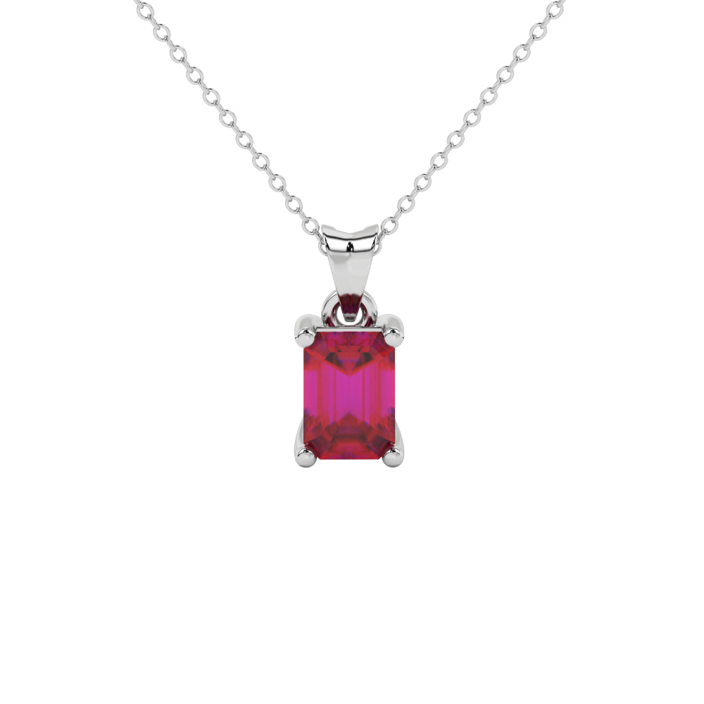 Emerald cut red gemstone solitaire pendant in white gold four prong setting