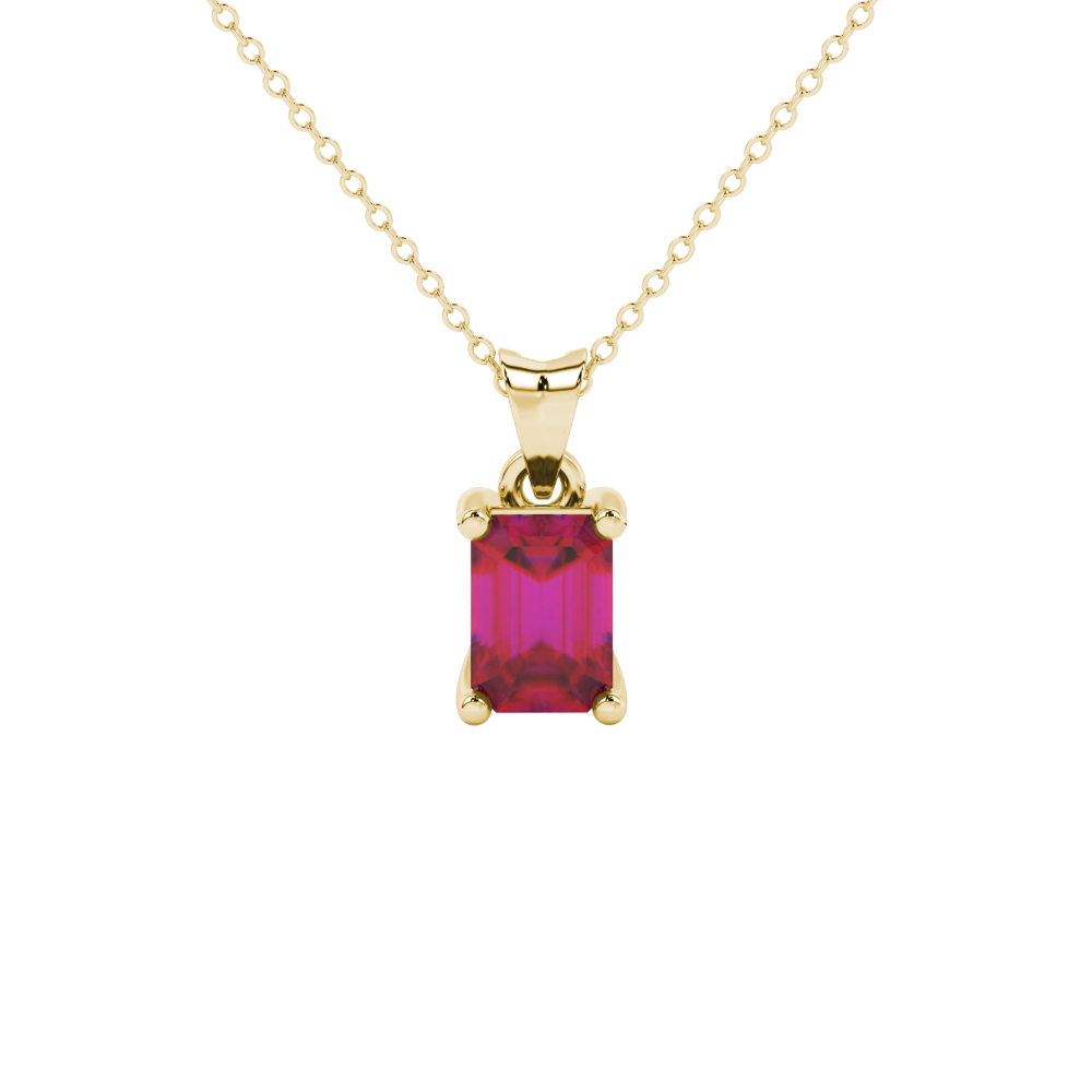 Emerald cut red gemstone solitaire pendant in white gold four prong setting