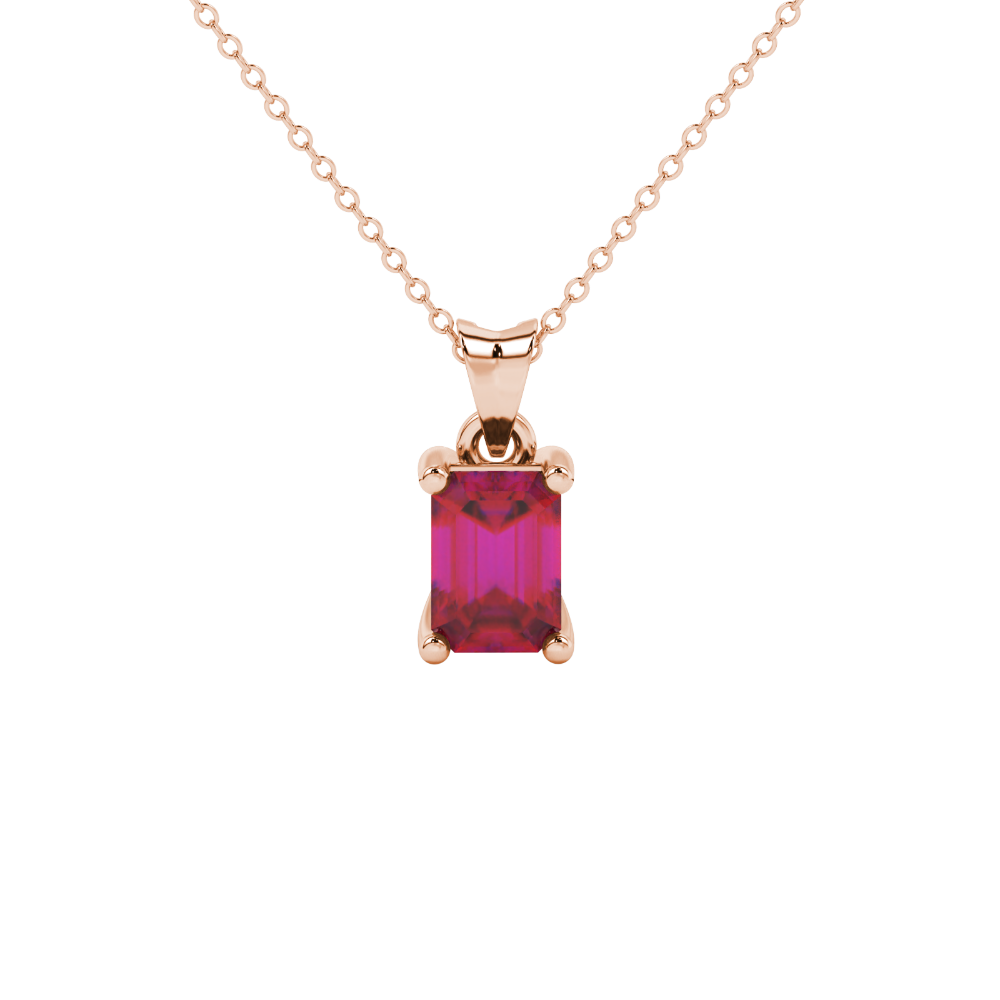 Emerald cut red gemstone solitaire pendant in white gold four prong setting