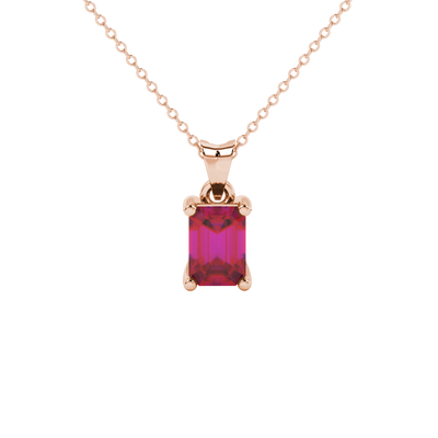 Emerald cut red gemstone solitaire pendant in white gold four prong setting