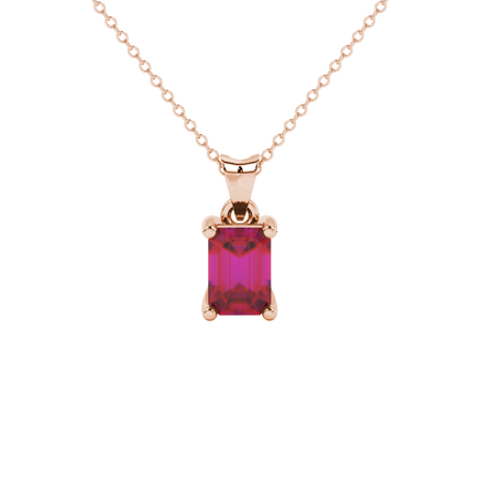 Emerald cut red gemstone solitaire pendant in white gold four prong setting