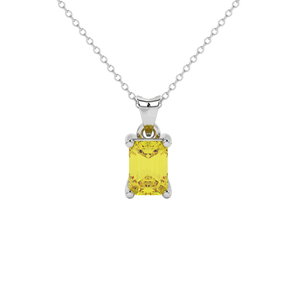 Emerald cut yellow gemstone solitaire pendant in rose gold four prong setting