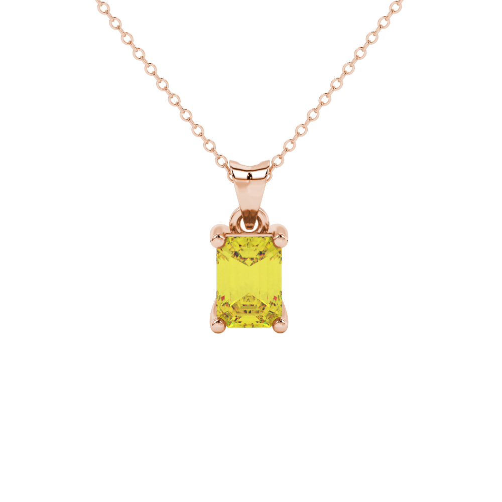 Emerald cut yellow gemstone solitaire pendant in rose gold four prong setting