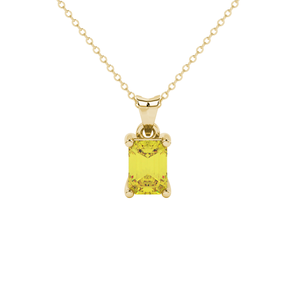 Emerald cut yellow gemstone solitaire pendant in rose gold four prong setting