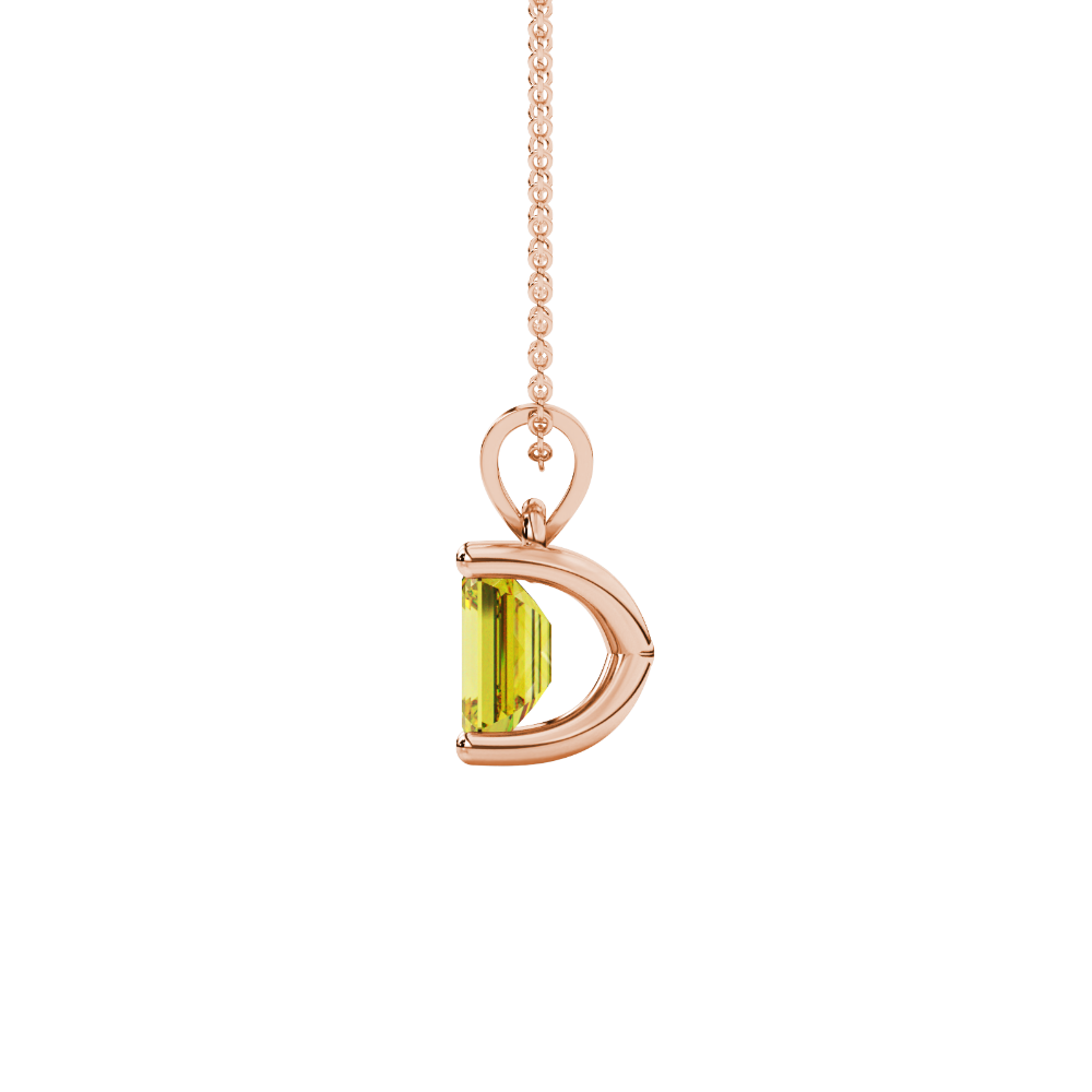 Emerald cut yellow gemstone solitaire pendant in rose gold four prong setting
