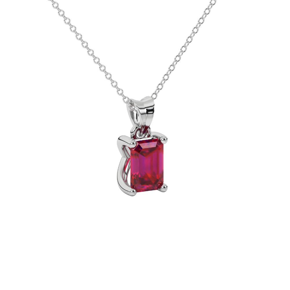 Emerald cut red gemstone solitaire pendant in white gold four prong setting