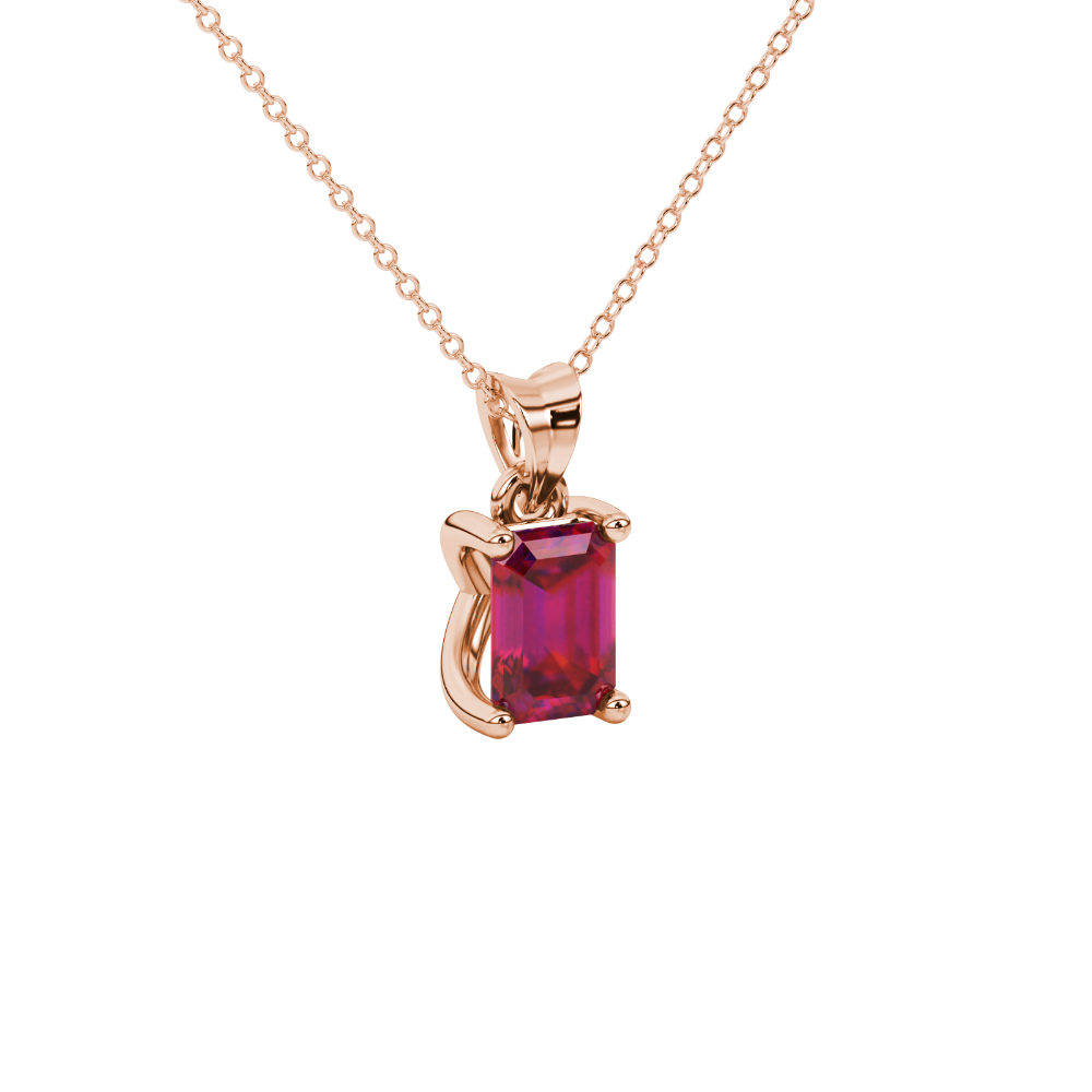 Emerald cut red gemstone solitaire pendant in white gold four prong setting