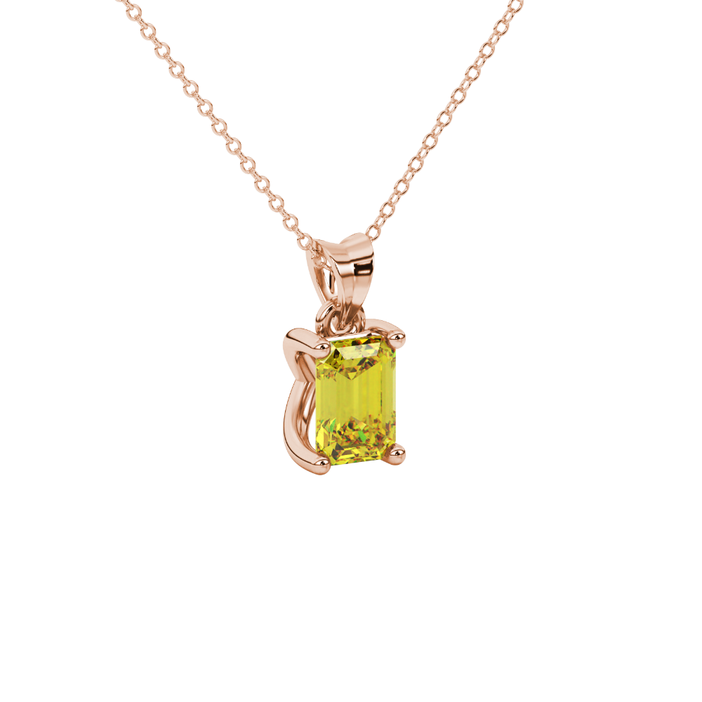 Emerald cut yellow gemstone solitaire pendant in rose gold four prong setting