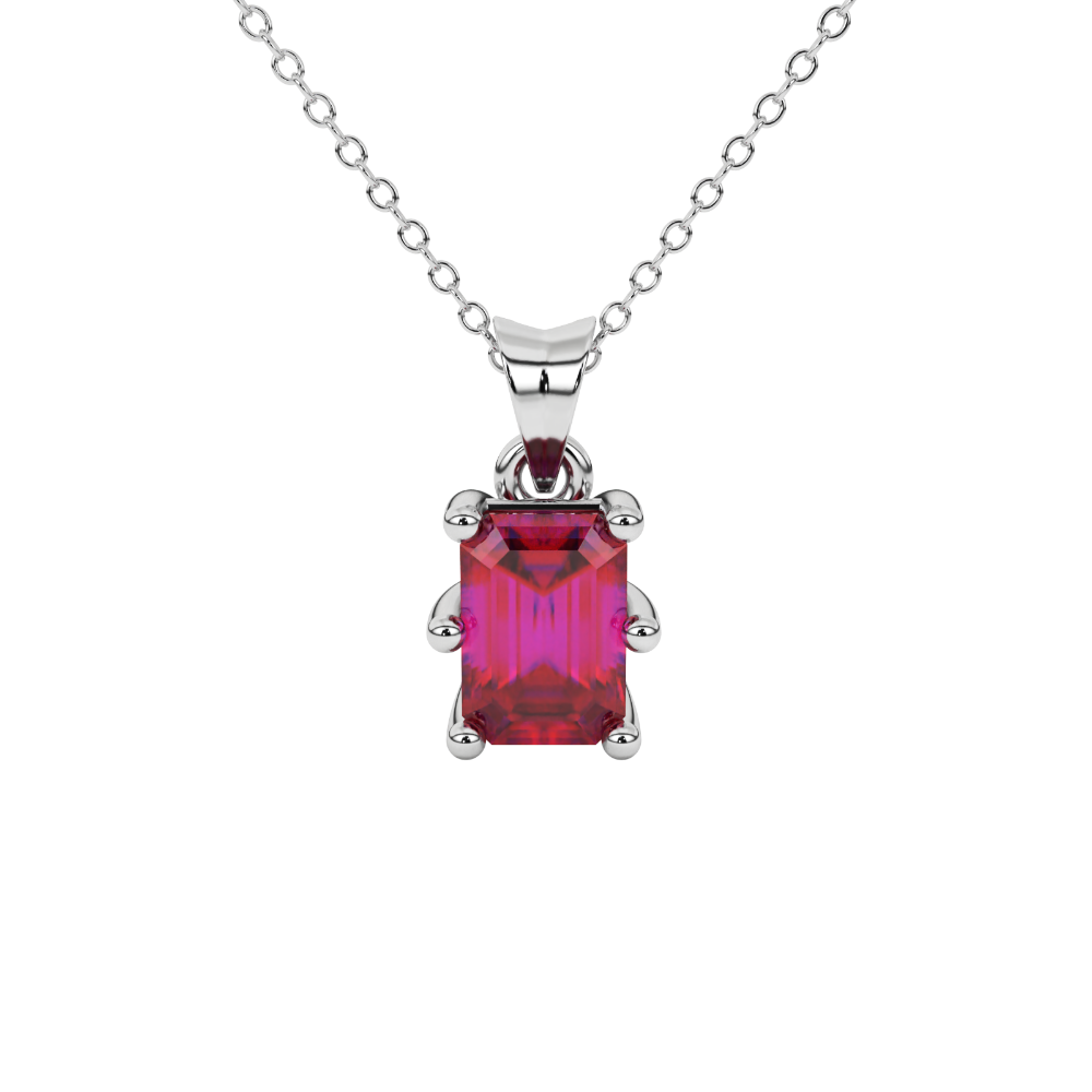 Emerald cut red gemstone solitaire pendant in gold with six prong setting